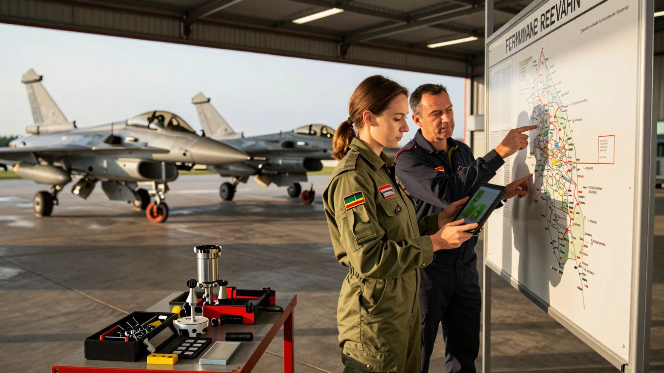 Dois militares discutem frente a um mapa num hangar, com aviões de combate em segundo plano.