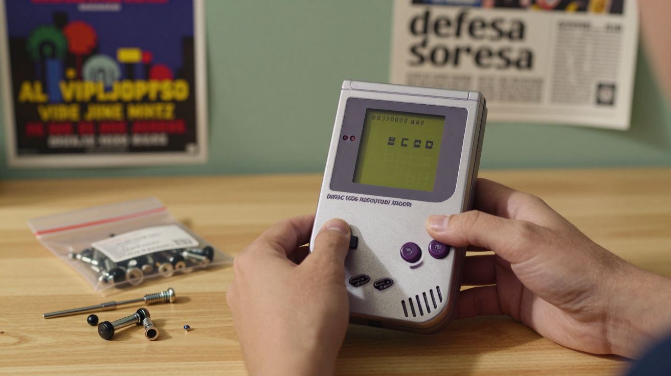 Pessoa segurando um dispositivo de jogo portátil cinza sobre uma mesa com peças soltas ao lado.