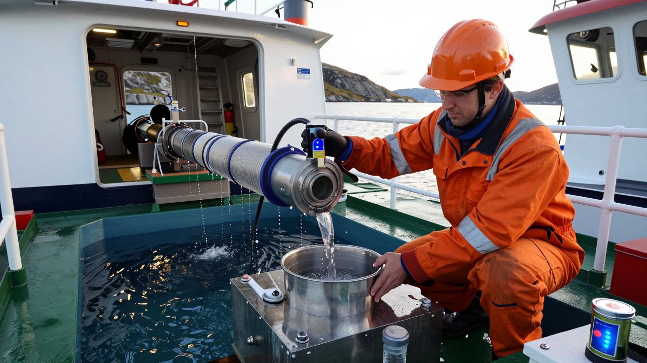 Homem em fato de proteção laranja coleta água com equipamento num barco junto ao mar.