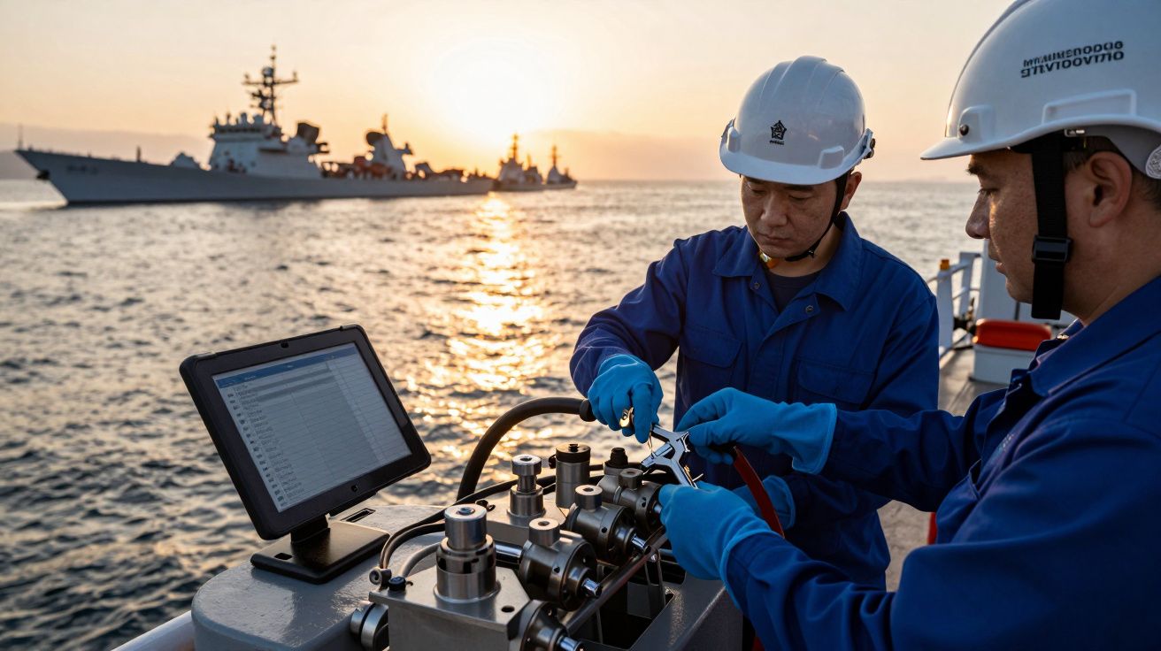 Dois trabalhadores em uniforme azul operam equipamento no mar ao pôr do sol, com navios de guerra ao fundo.