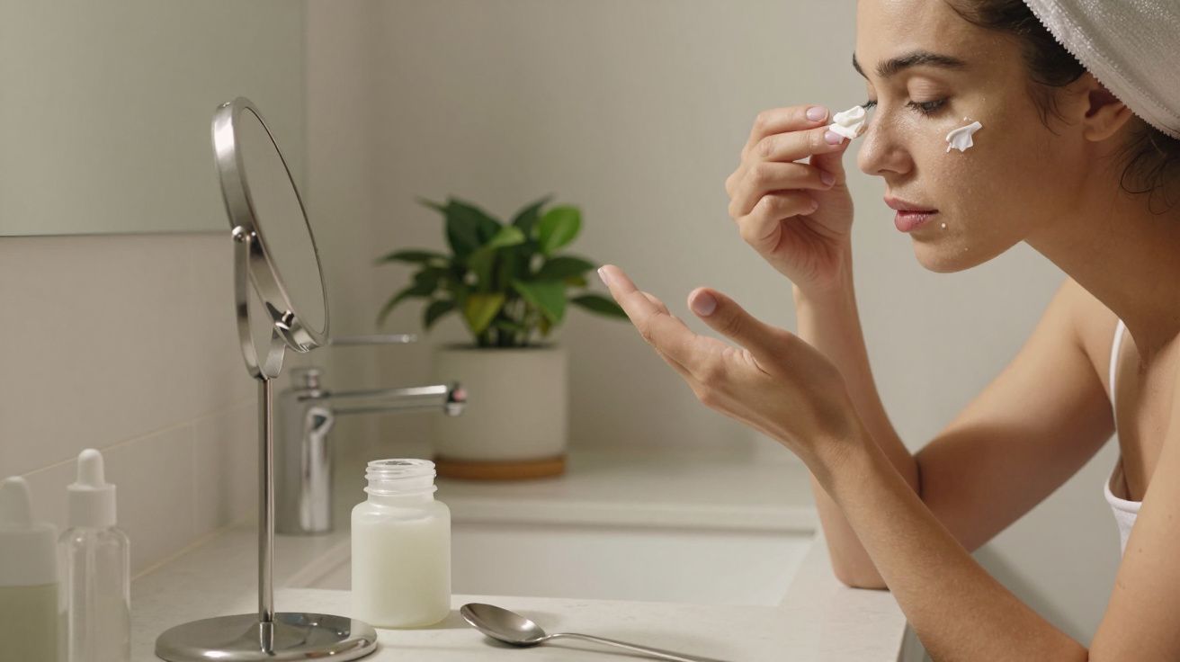 Mulher aplica creme no rosto em frente ao espelho, com planta ao fundo na casa de banho.