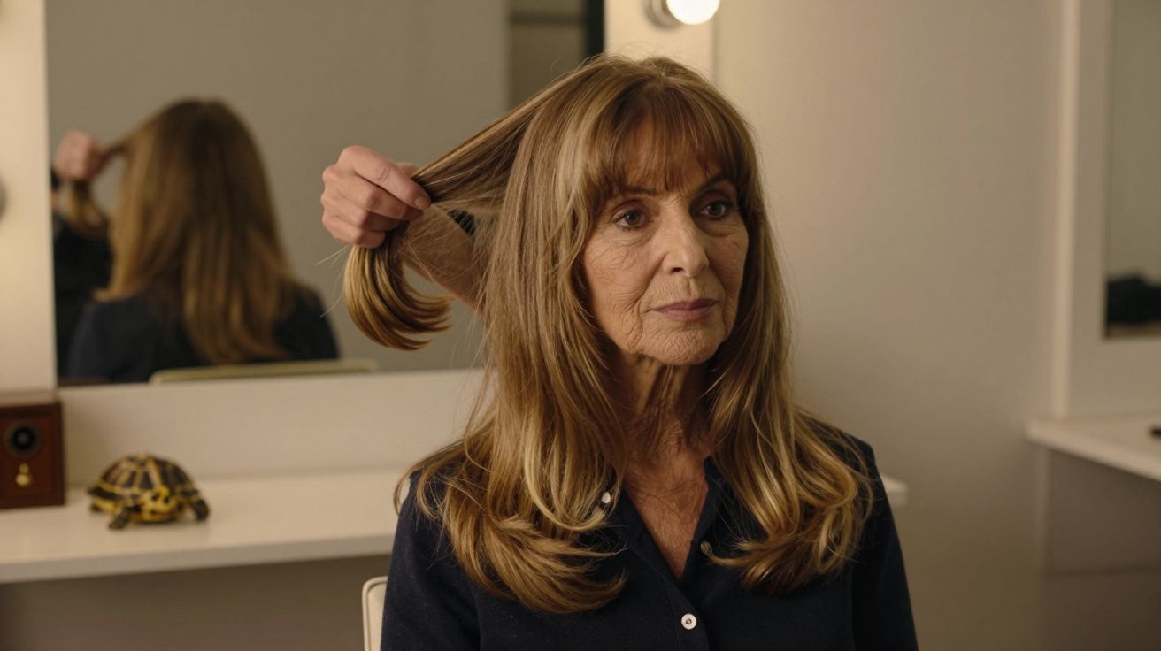 Mulher de cabelos compridos num camarim com espelho, enquanto alguém segura parte do seu cabelo.