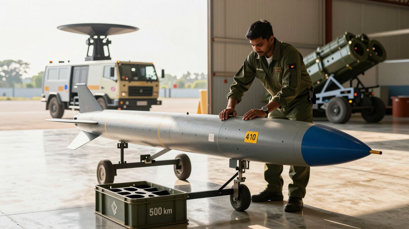 Funcionário militar inspeciona míssil em hangar com veículos de suporte ao fundo.