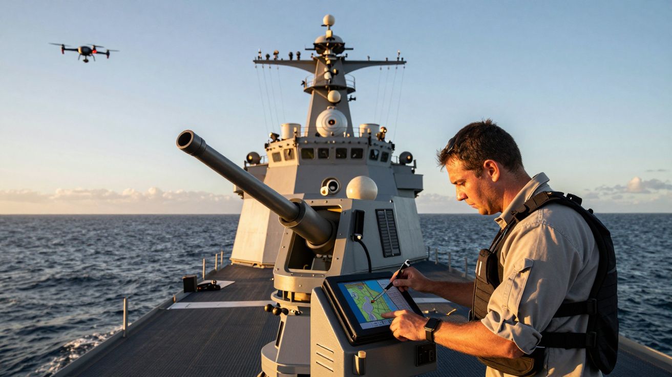 Homem operando equipamento num navio de guerra no mar ao pôr do sol, com drone a voar ao fundo.