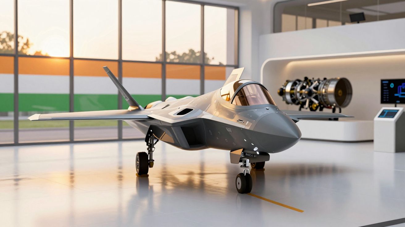 Avião de combate moderno em hangar iluminado, com motores expostos ao fundo e pôr do sol visível através das janelas.