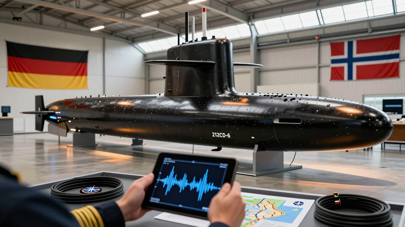 Submarino modelo 212CD-6 em exposição, bandeiras da Alemanha e Noruega ao fundo, tablet com gráfico de áudio em primeiro plan