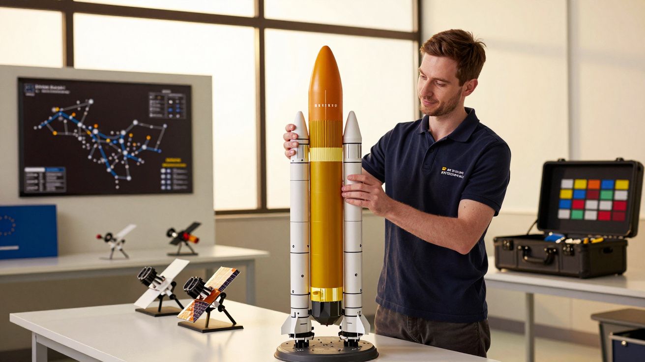 Homem monta modelo de foguetão numa sala com mapas estelares e telescópios pequenos em mesas.