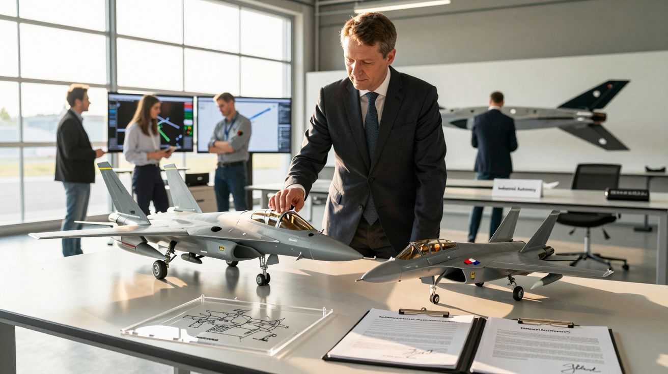 Homem examinando modelos de aviões numa sala de conferências, com várias pessoas e equipamento tecnológico ao fundo.