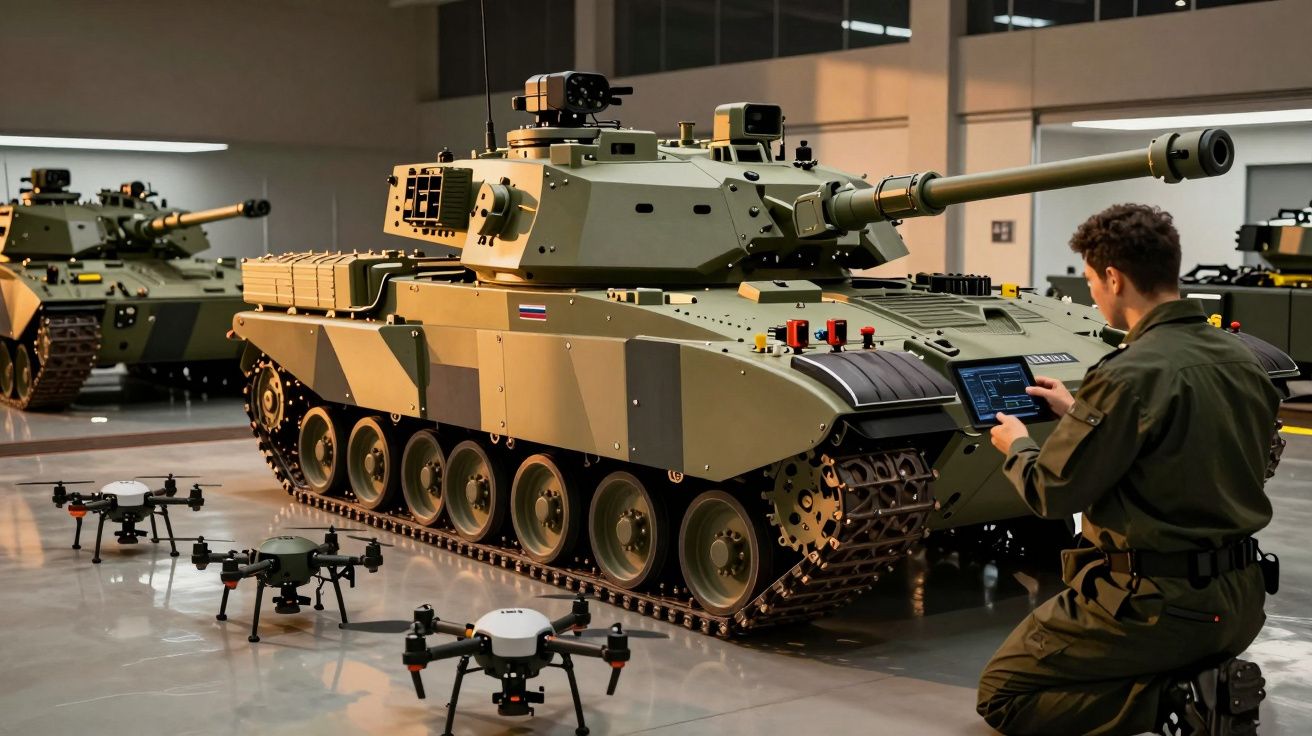 Soldado opera tanque militar e drones em hangar, usando um tablet.