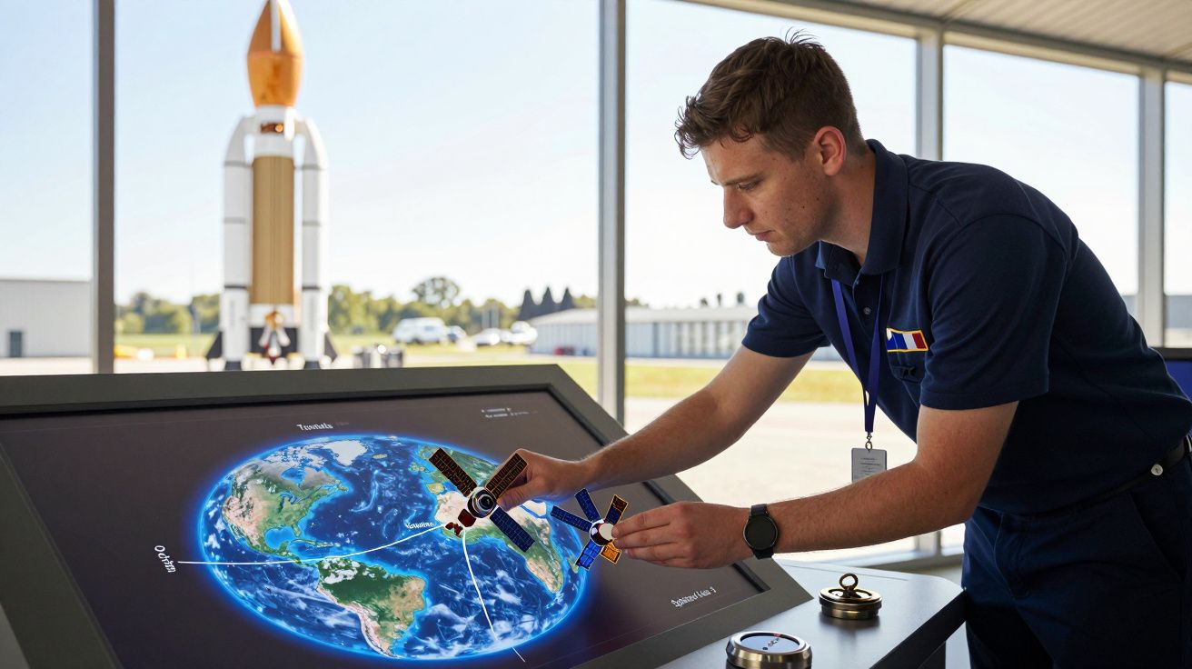 Técnico ajusta modelo de satélite em ecrã tátil interativo com imagem da Terra, em ambiente de centro espacial.