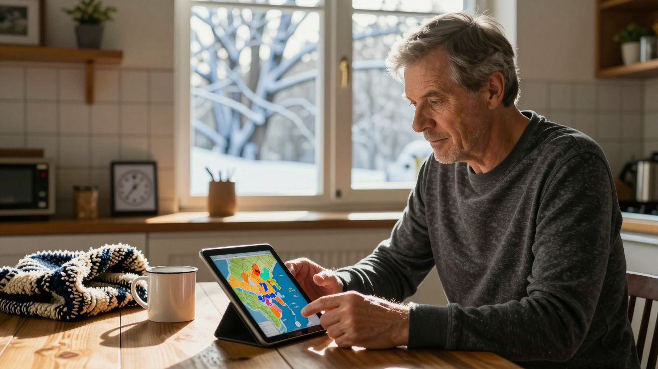 Homem sentado à mesa, usa tablet com mapa colorido. Janela ao fundo revela cenário de neve. Chavena e manta ao lado.