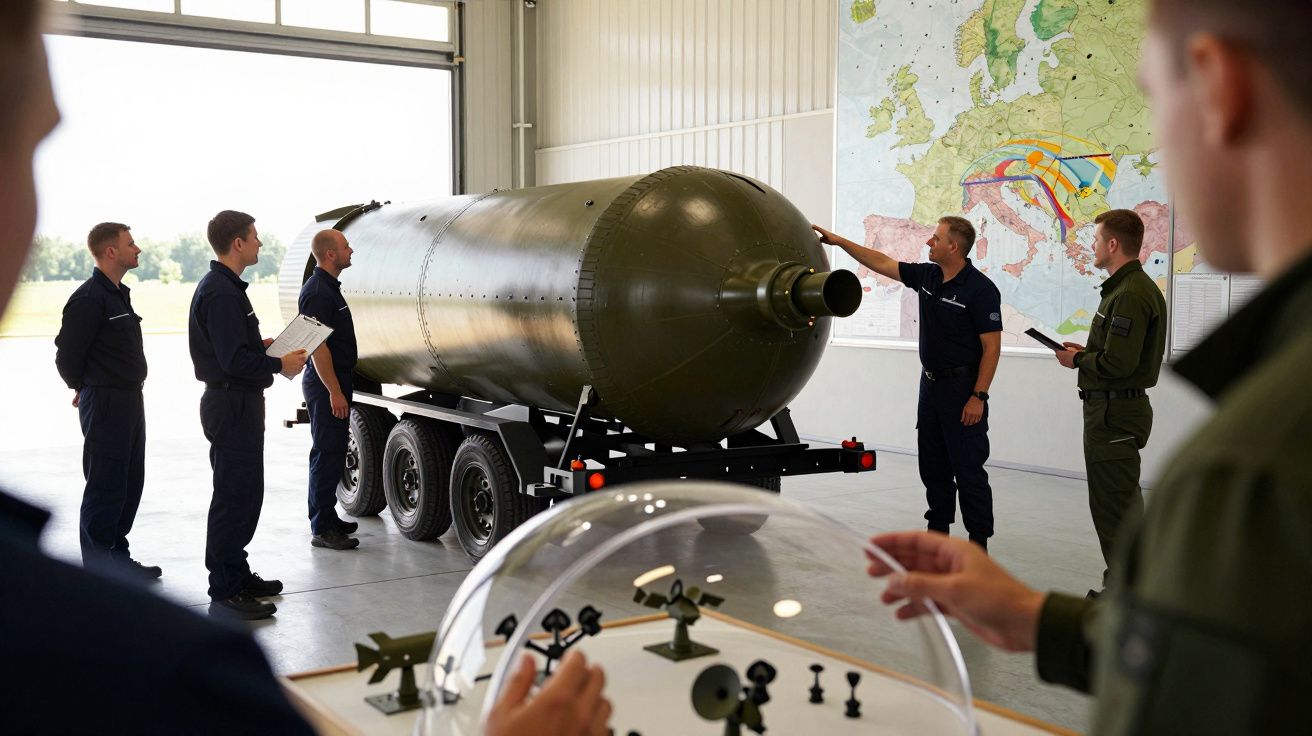Grupo de militares observa bomba verde num reboque, com mapa da Europa ao fundo e modelos de aeronaves em primeiro plano.