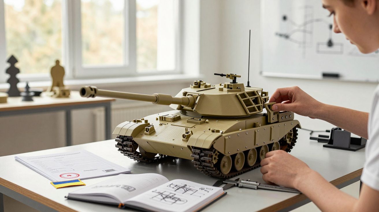 Pessoa montando modelo de tanque num escritório, com livros e peças sobre a mesa.