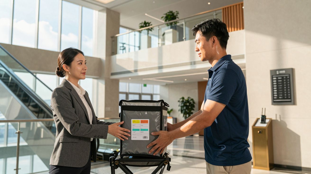 Homem entrega pacote a mulher em escritório moderno com escadas rolantes e luz natural ao fundo.