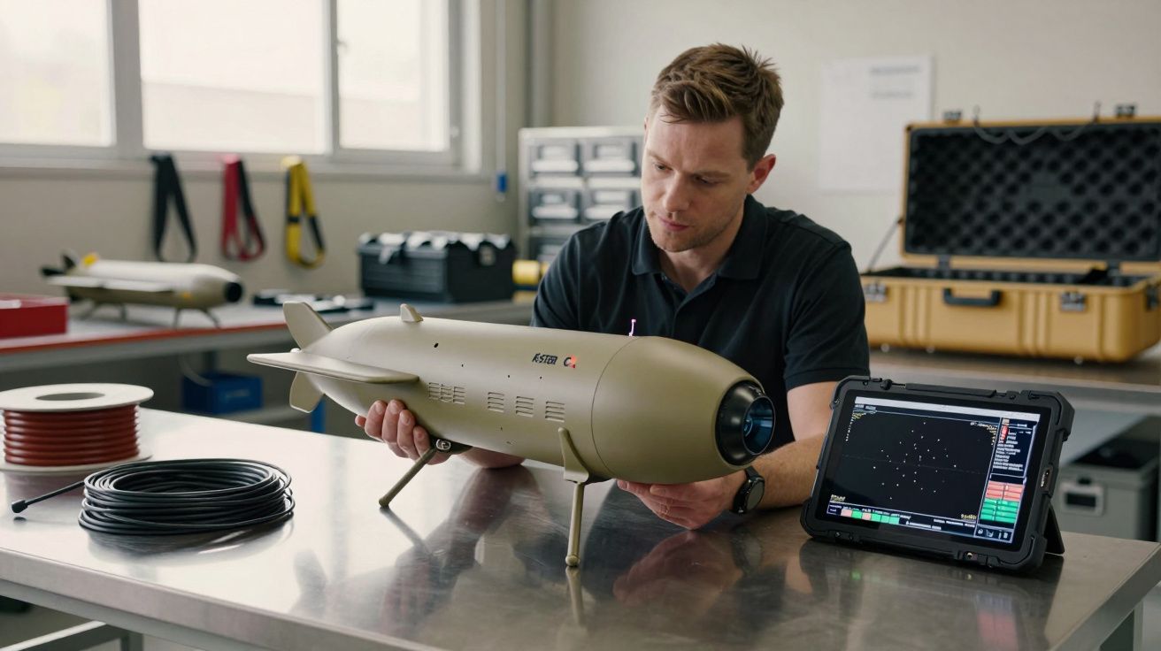 Homem observa míssil em laboratório, com tablet ao lado exibindo dados técnicos. materiais de trabalho ao fundo.