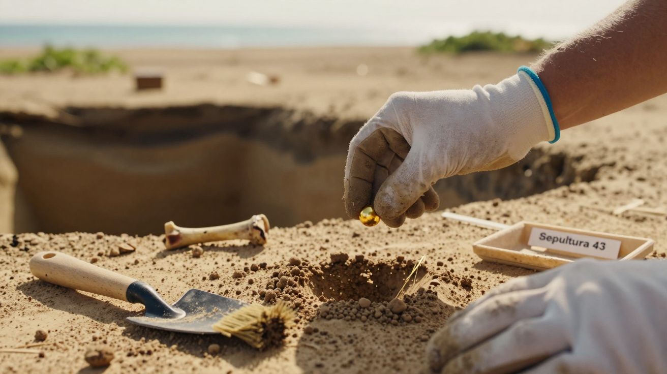 Mão com luva escavando areia ao lado de ferramentas e ossos, com sinal "Sepultura 43" ao fundo.