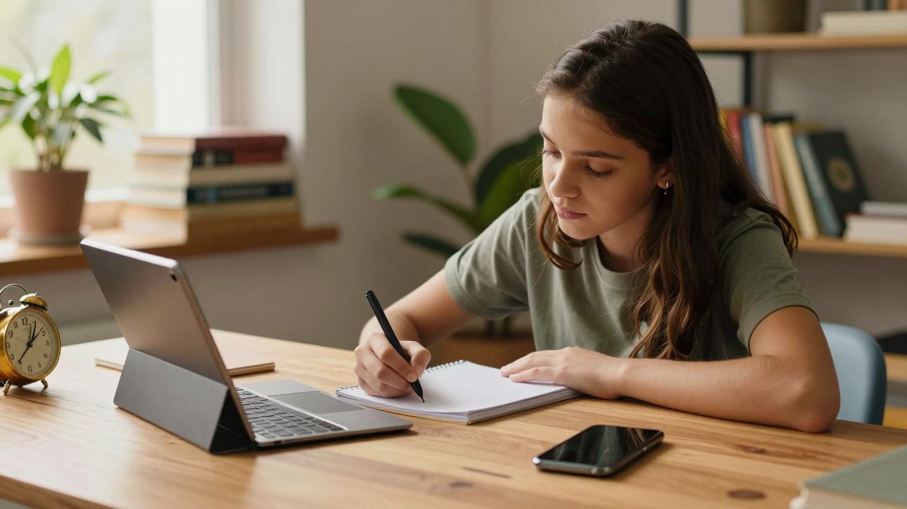 Jovem a estudar numa mesa com tablet, caderno e smartphone, numa sala iluminada com livros e plantas ao fundo.