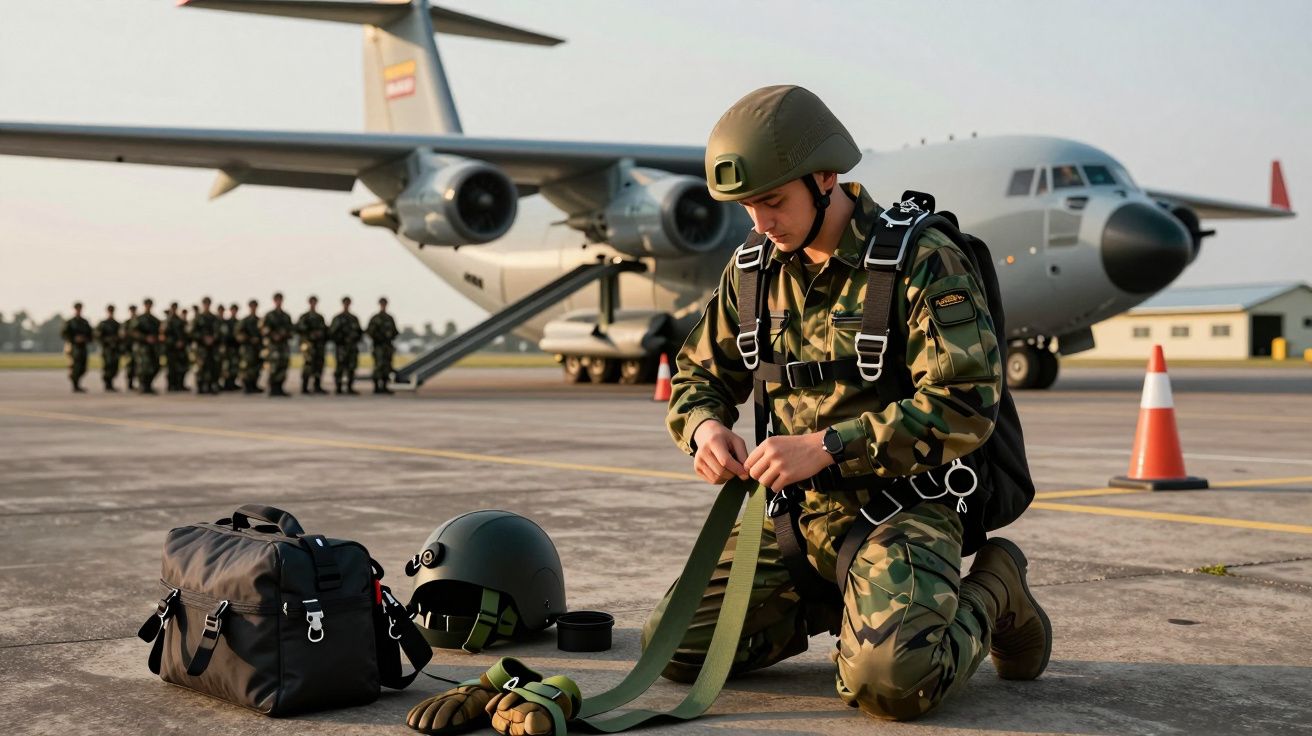Soldado de paraquedismo a ajustar equipamento em frente a avião militar, com colegas em formação ao fundo.