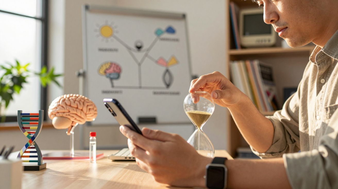 Homem sentado, olhando para o telemóvel, segurando uma ampulheta, com modelos de ADN e cérebro na mesa.