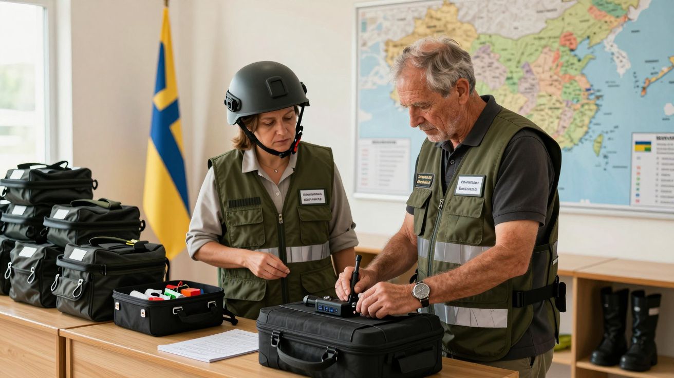 Duas pessoas em coletes verdes inspecionam equipamento sobre mesa; bandeira sueca e mapa de parede ao fundo.