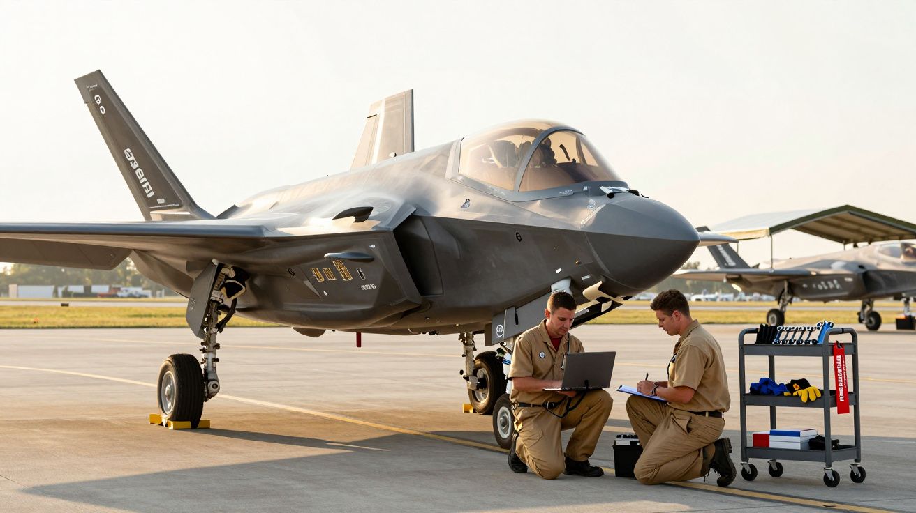 Dois técnicos de uniforme trabalham num avião de combate em pista de aeroporto, verificando laptop e anotações.