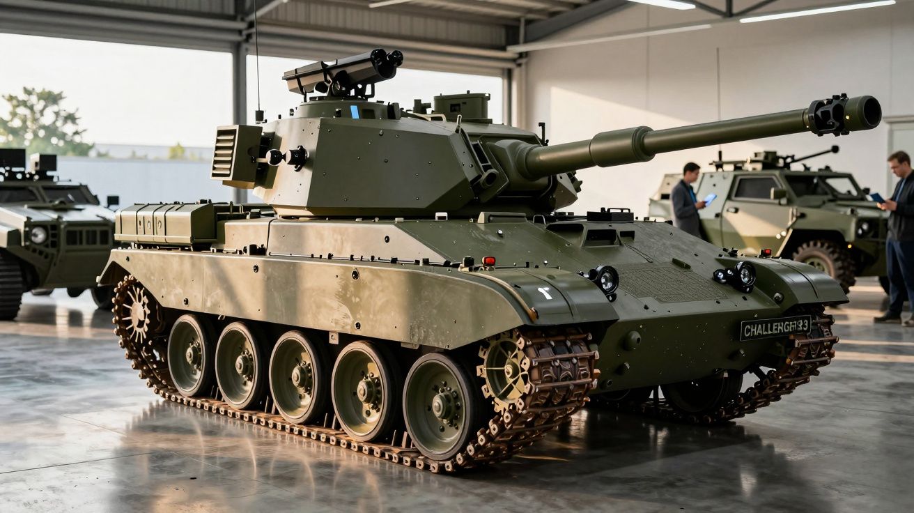 Tanque militar verde em exposição num armazém, com soldados ao fundo.