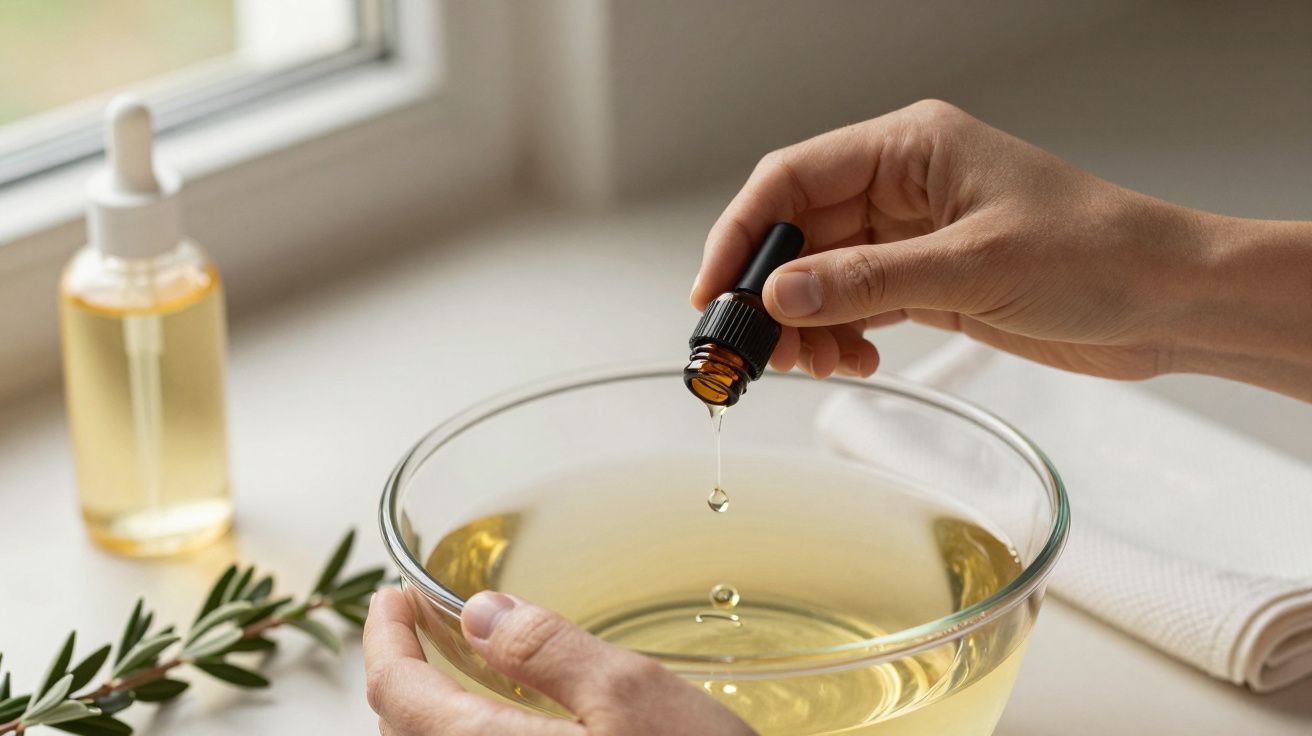 Mão a pingar óleo essencial num recipiente de vidro com líquido amarelo, perto de uma janela.