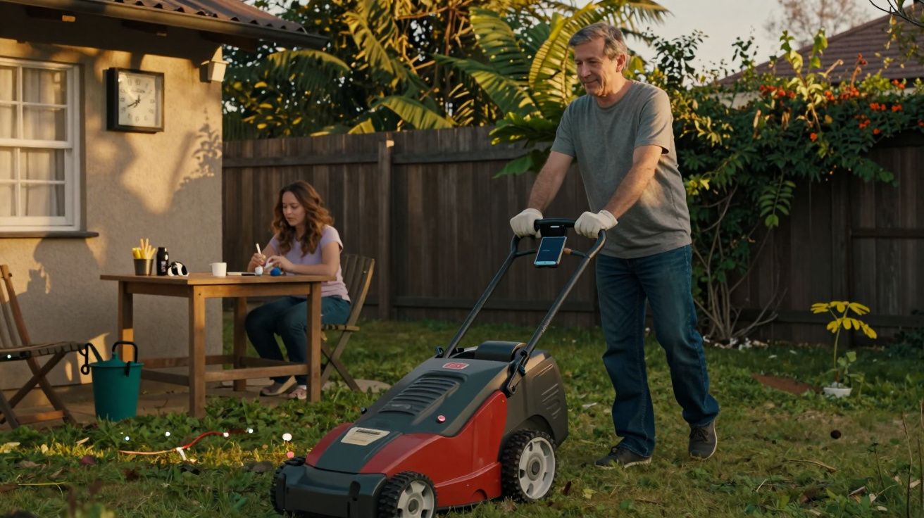 Homem a cortar relva com máquina, mulher sentada numa mesa de jardim ao fundo, num quintal com plantas.