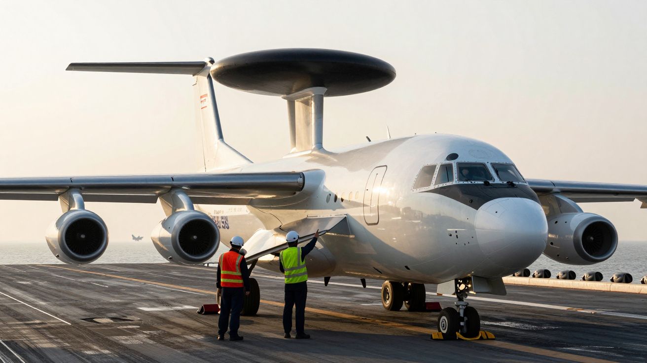 Avião militar com radar sobre a fuselagem em porta-aviões, operadores de solo com coletes coloridos ao lado.