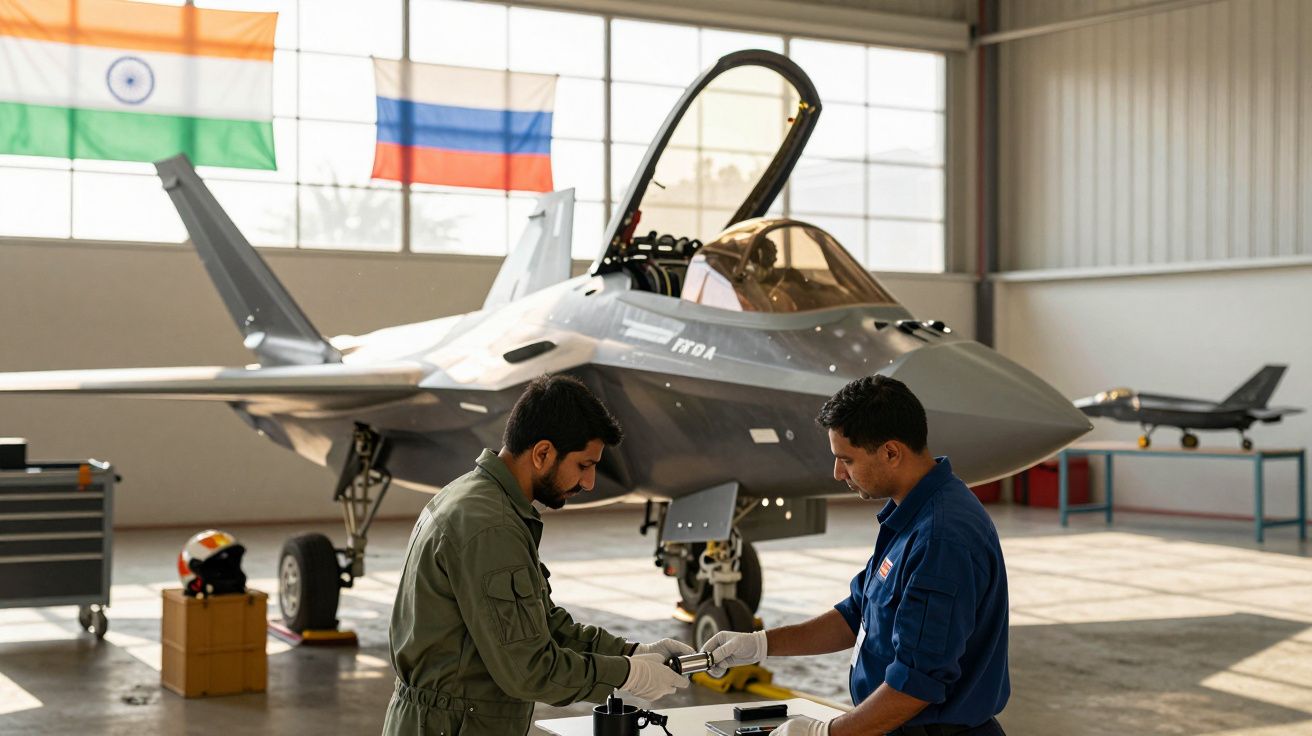 Dois homens trabalham num hangar com um caça moderno ao fundo; bandeiras da Índia e Rússia penduradas.