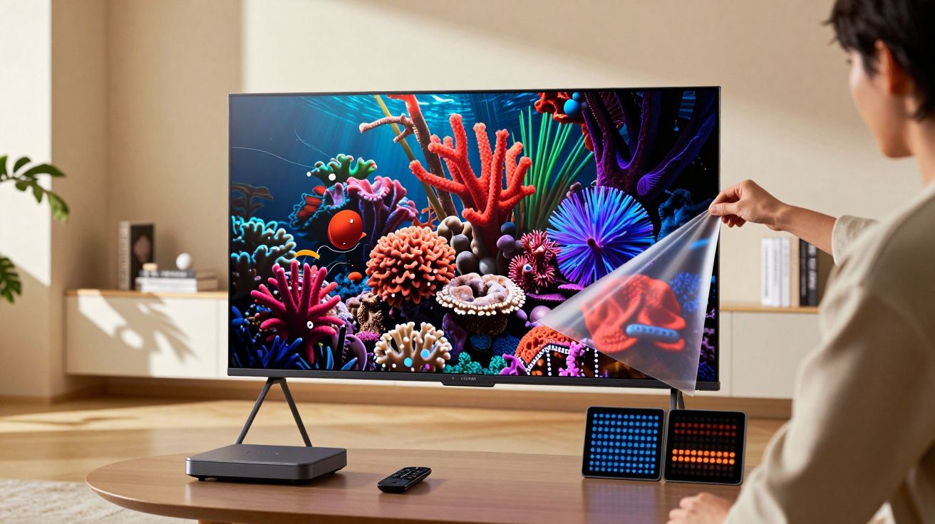 Pessoa ajusta filtro de cor em ecrã com imagem de recife de coral colorido numa sala moderna.