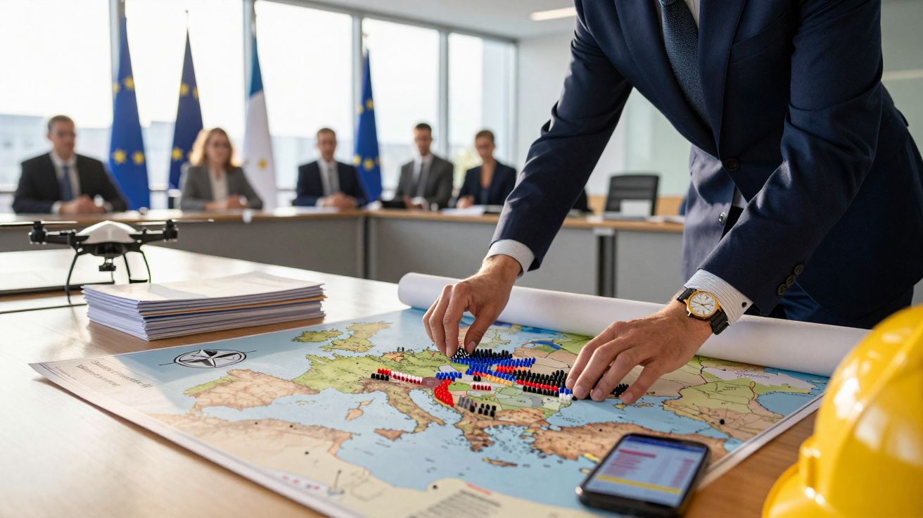 Homem ajusta pinos num mapa da Europa em reunião com bandeiras da UE; pessoas em segundo plano.