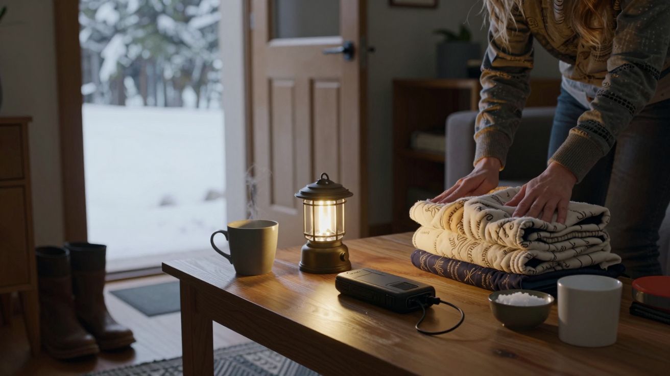 Pessoa dobra cobertores numa mesa de madeira. Há uma lanterna acesa, chávenas, e neve lá fora.