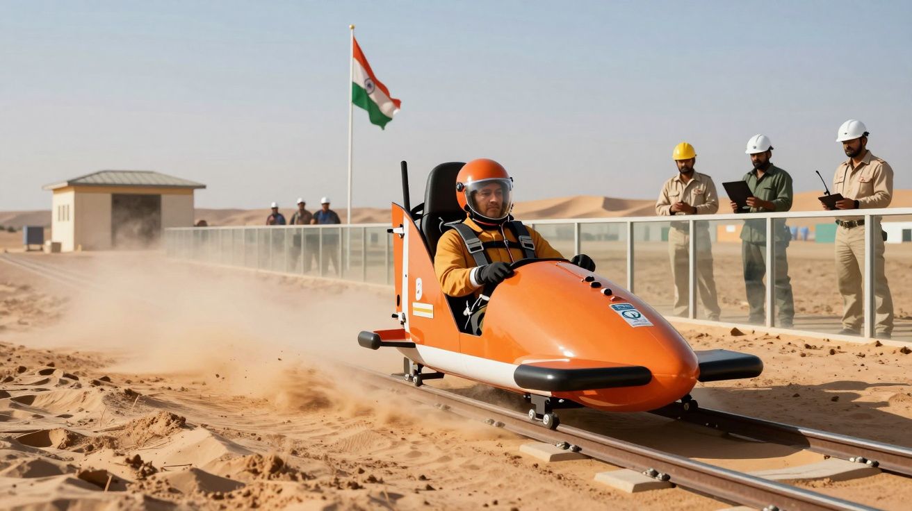 Pessoa num veículo laranja sobre trilhos no deserto, bandeira da Índia ao fundo e equipa observando.