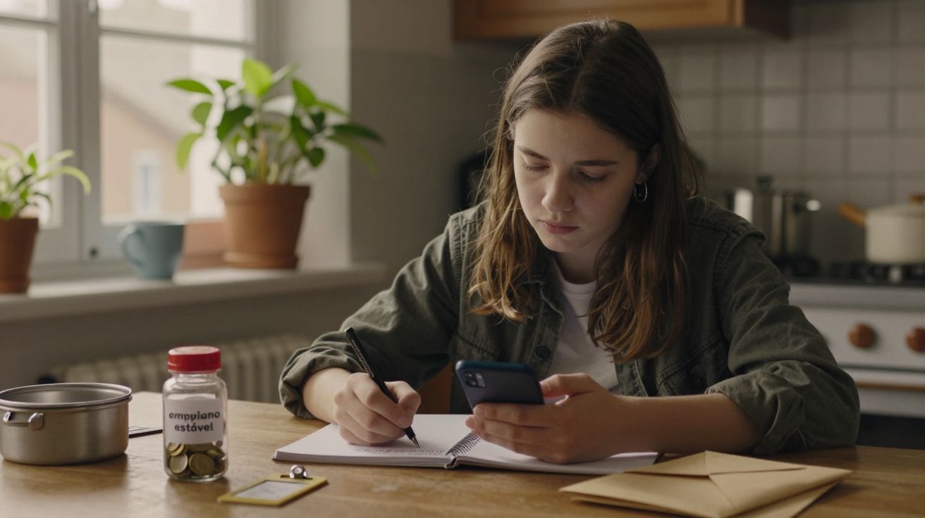 Jovem escreve em caderno enquanto olha para o telemóvel, num ambiente de cozinha com plantas no parapeito da janela.