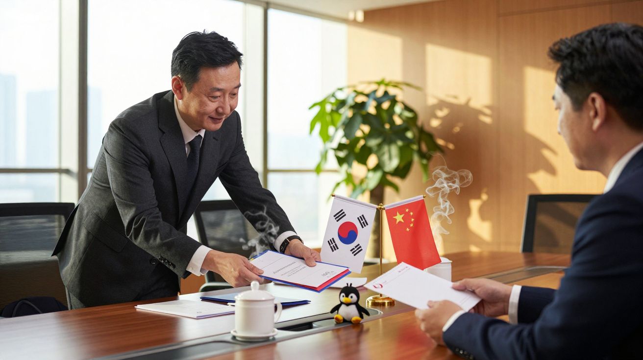 Dois homens de terno numa reunião com bandeiras de Coreia do Sul e China sobre a mesa.