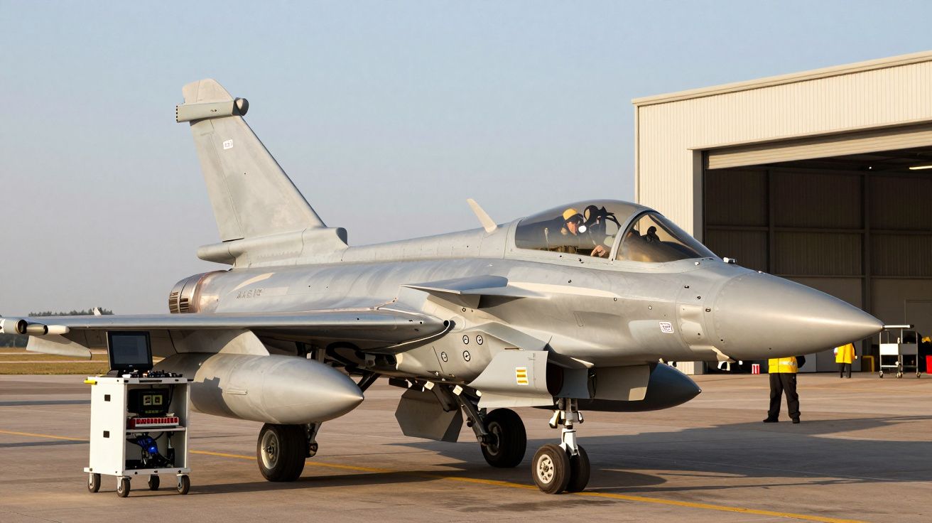 Avião de caça cinzento estacionado na pista, próximo de um hangar, durante o dia.