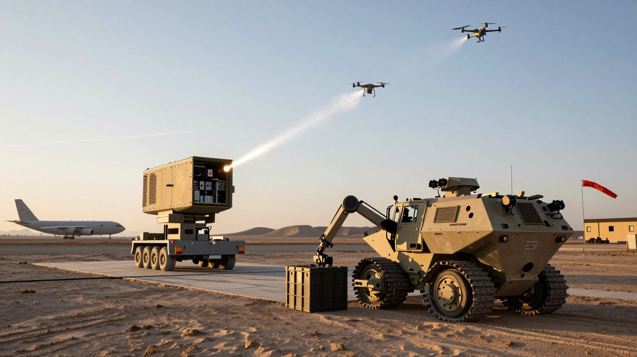Veículo robótico e equipamento militar no deserto com drones voando e um avião ao fundo.