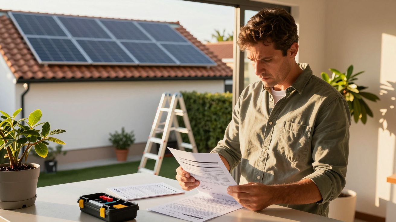 Homem analisando documentos em casa com painéis solares no telhado.