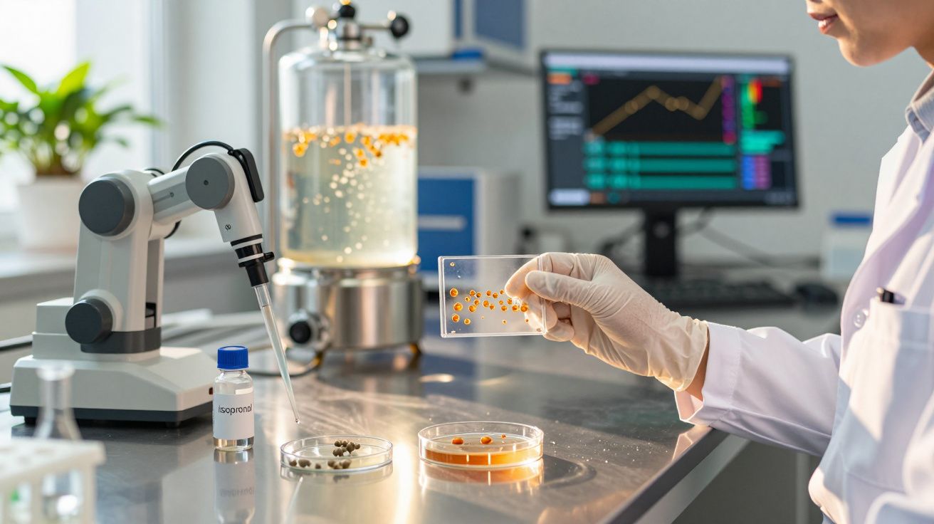 Cientista em laboratório analisa substâncias numa placa de Petri, com equipamentos e gráficos de dados ao fundo.
