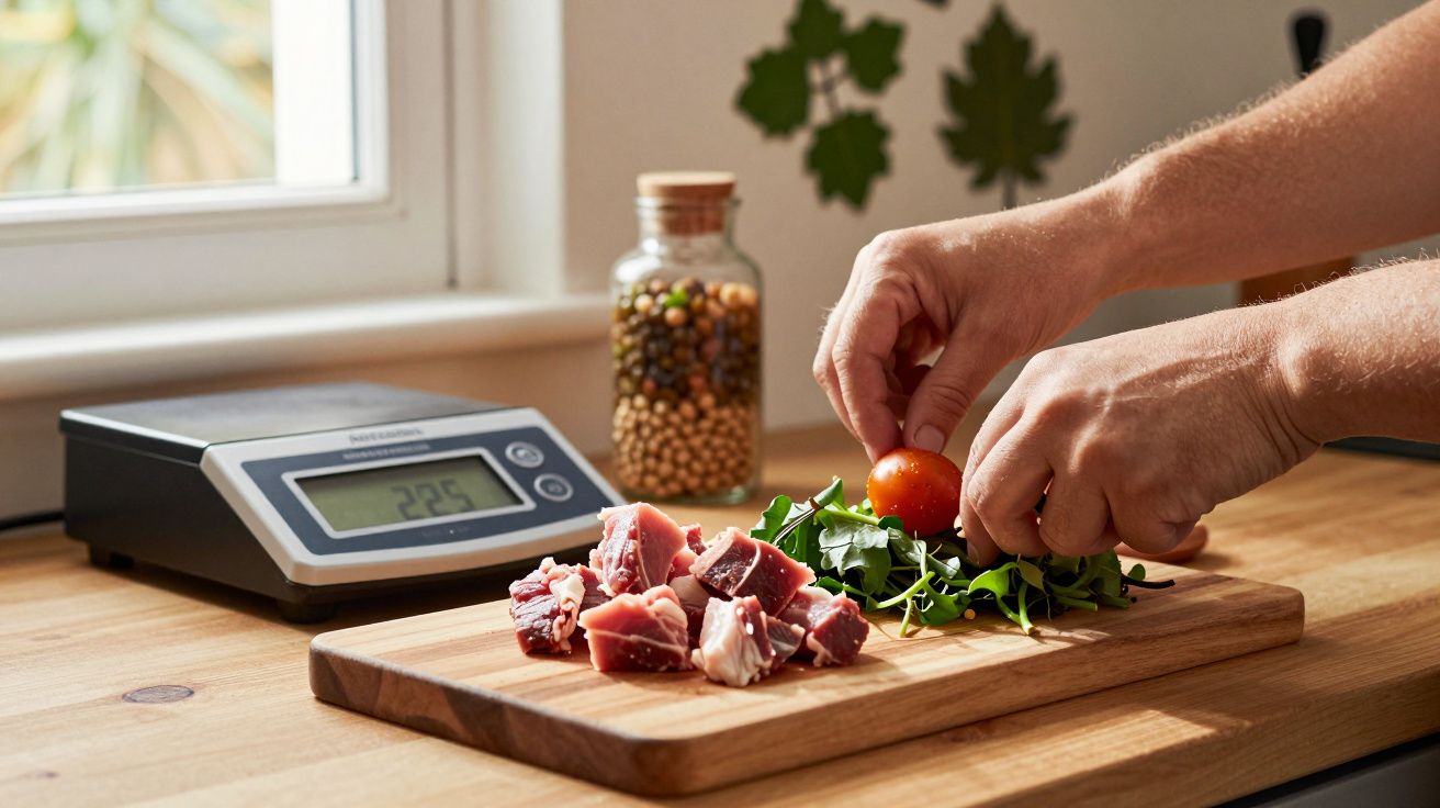 Mãos preparam salada com tomate e rúcula em tábua ao lado de balança e jarro de especiarias, à luz do dia.