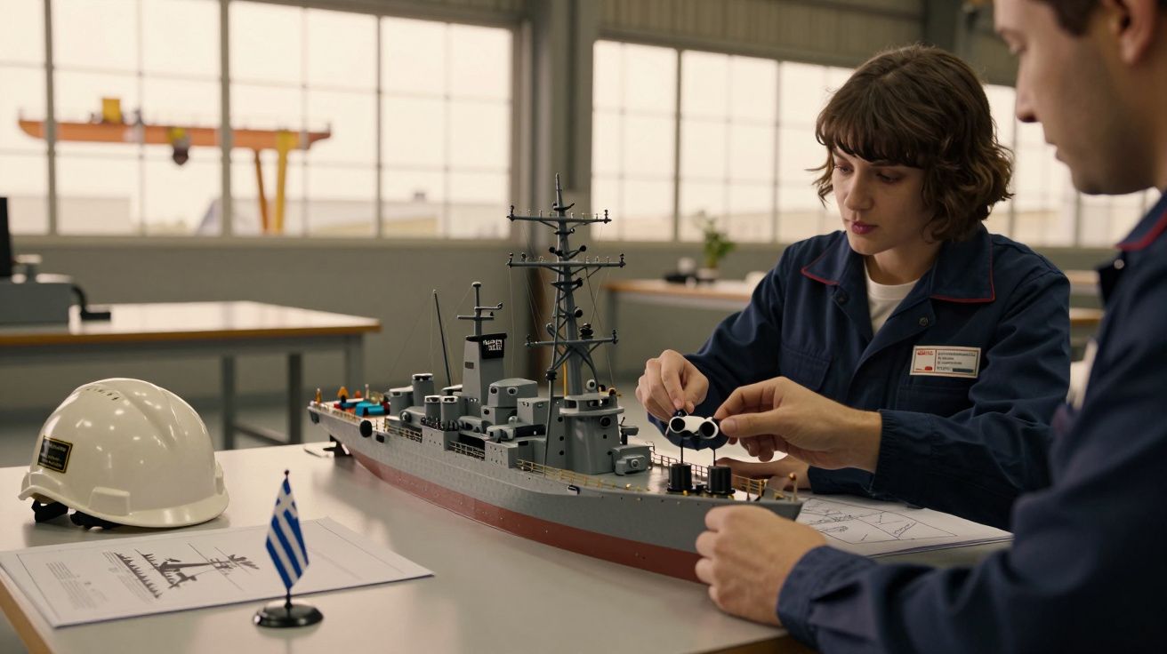 Duas pessoas montam maquete de navio numa oficina, com capacete e bandeira grega sobre a mesa.