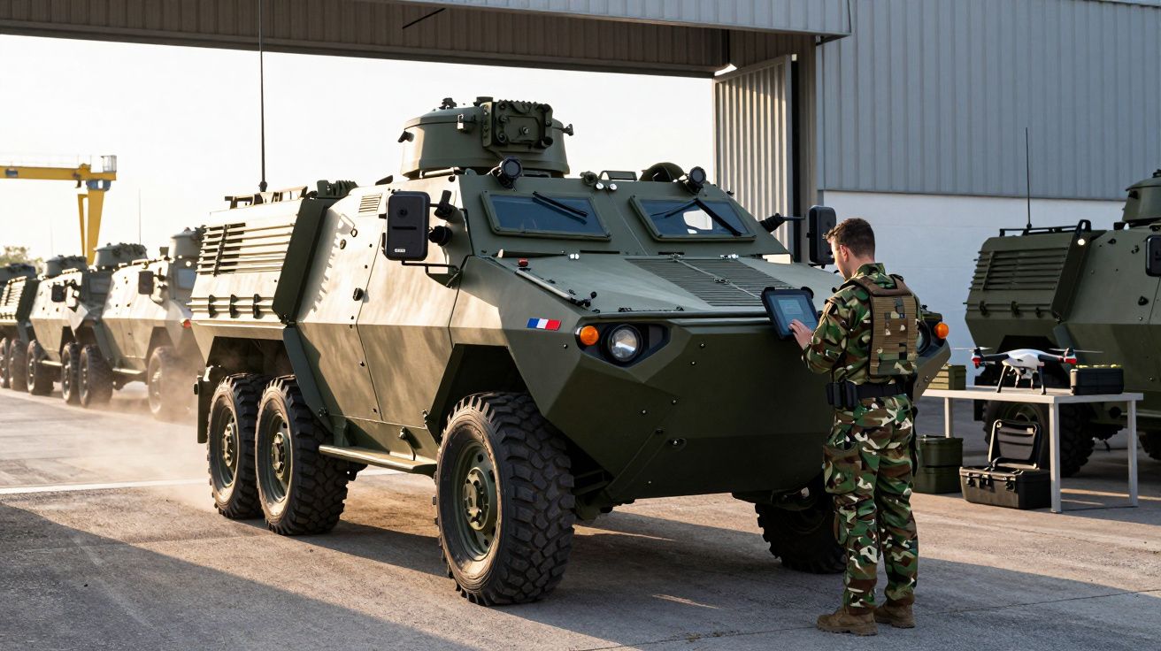 Soldado inspeciona veículo blindado verde em frente a um hangar, com outros veículos semelhantes ao fundo.