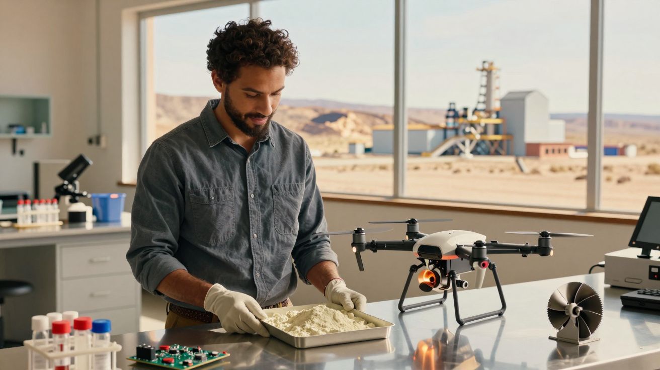 Homem em laboratório com bandeja de pó branco, drone e equipamento eletrônico, deserto visível pela janela.