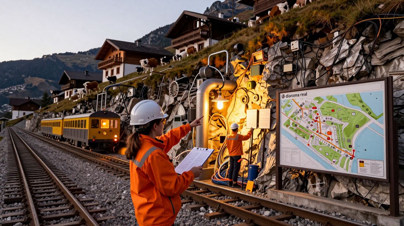 Trabalhadores de capacete verificam painel junto a linha férrea e diorama, com comboio amarelo ao fundo e montanhas.