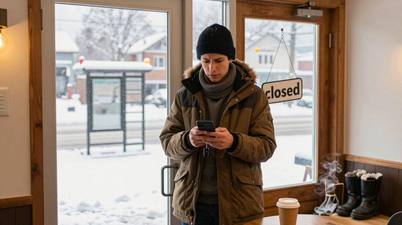 Homem com casaco e gorro usa telemóvel em café fechado, enquanto neva lá fora. Bebida quente e botas na mesa.