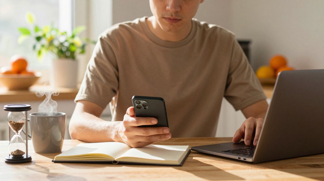 Pessoa usando telemóvel e portátil numa cozinha, com caderno, ampulheta e chávena ao lado.