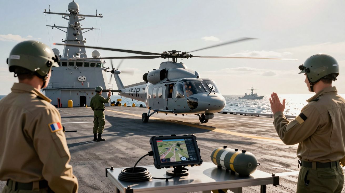 Helicóptero pousa num navio militar com militares a assistir e equipamentos eletrónicos no convés, mar ao fundo.