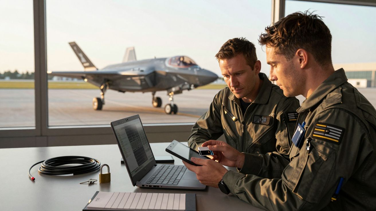 Dois pilotos em uniformes analisam documentos num portátil, com um avião de caça estacionado ao fundo.