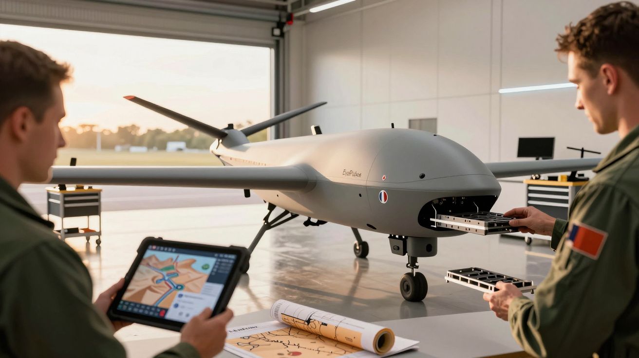 Dois homens militares manuseiam um drone numa hangar; um segura um tablet e o outro insere um equipamento no drone.